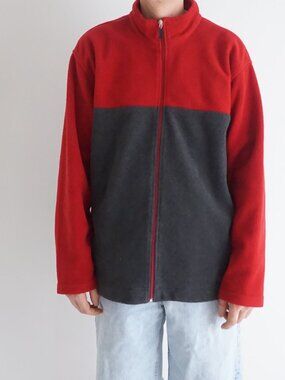 Togo Red Black Color Block Zip Fleece Jacket Outdoor Hiking Camping Layer XL
